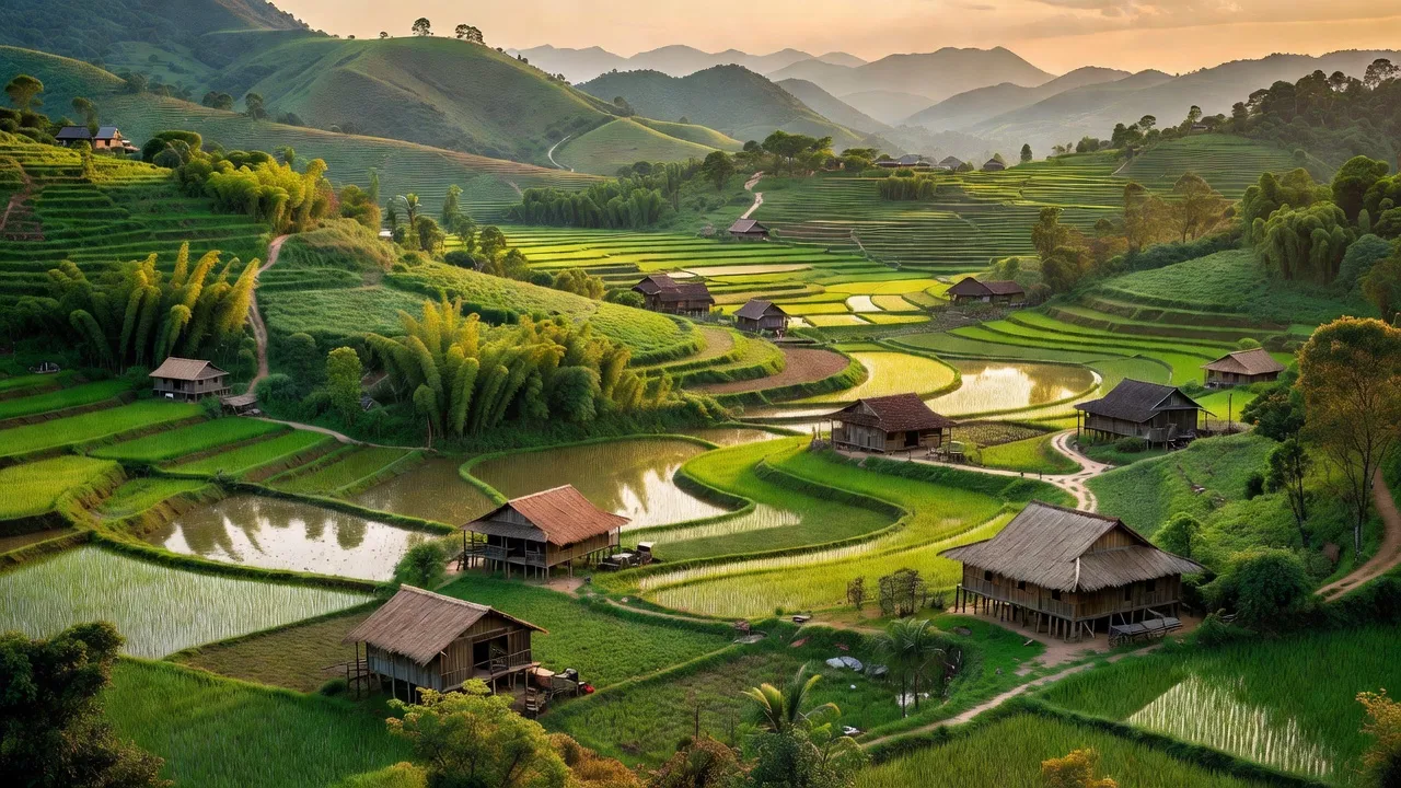 Cảnh đẹp xã Tự Do, huyện Lạc Sơn, tỉnh Hòa Bình với đồi núi, cánh đồng và không gian nông thôn.