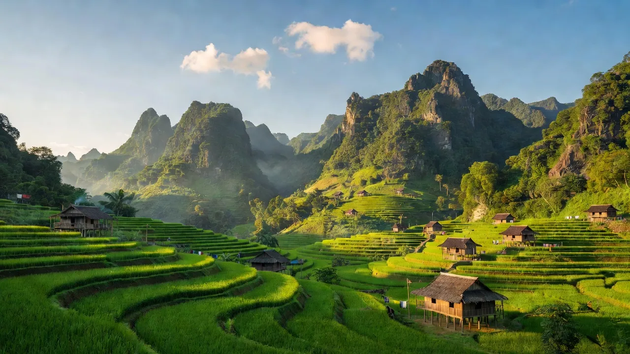 Cảnh quan núi non Xã Tự Do, Huyện Lạc Sơn, Tỉnh Hòa Bình với ruộng bậc thang và nhà truyền thống.