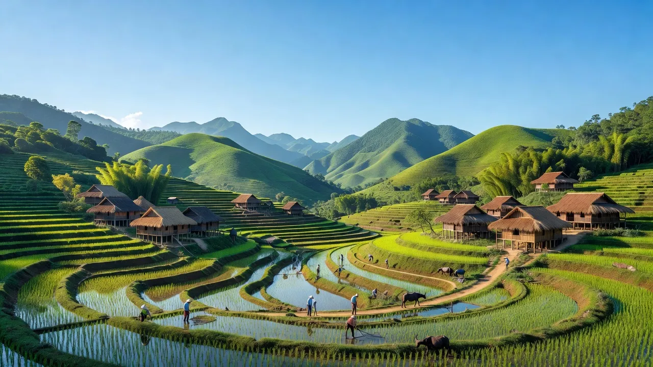 Khung cảnh núi non xã Văn Nghĩa, huyện Lạc Sơn, tỉnh Hòa Bình với làng quê truyền thống.