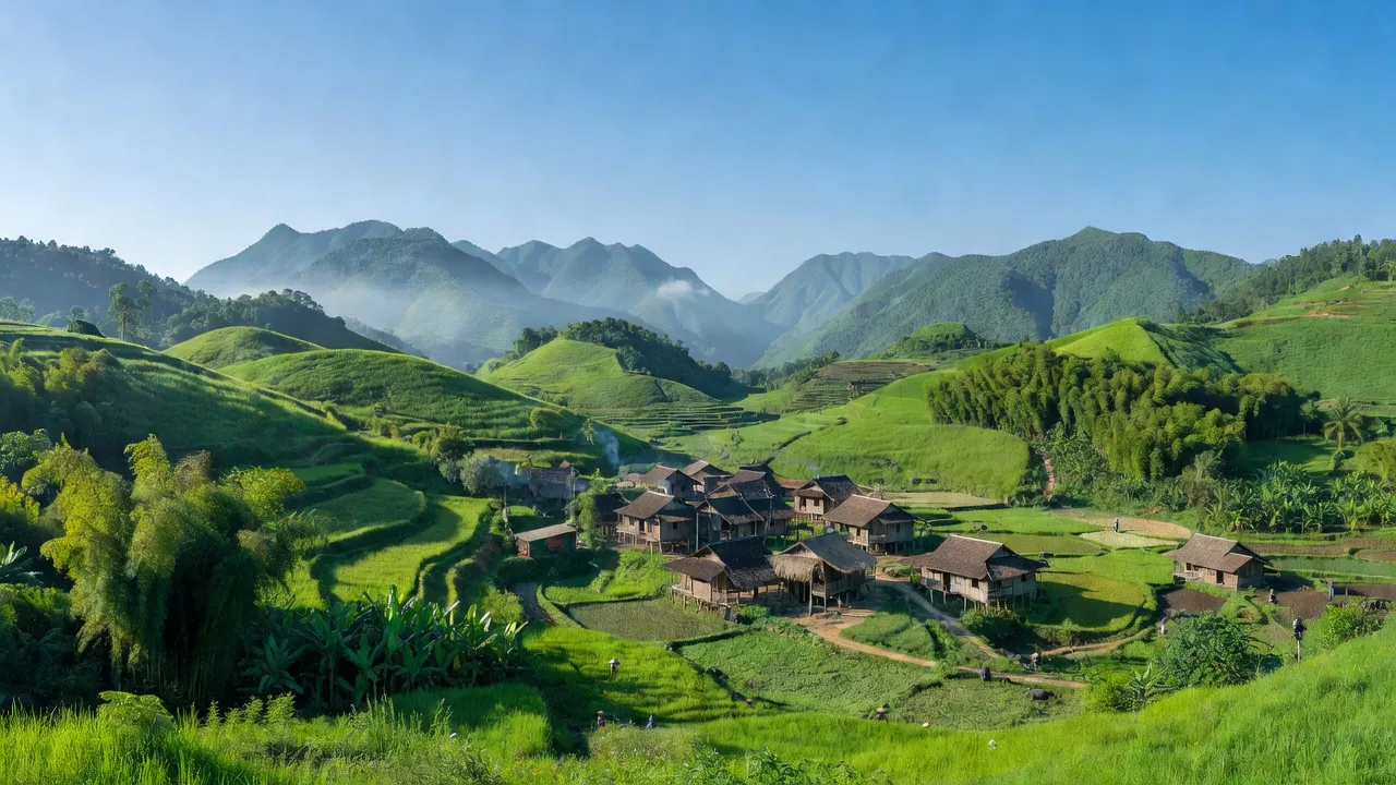 Cảnh đẹp xã Văn Sơn, huyện Lạc Sơn, tỉnh Hòa Bình với đồi núi và làng quê thanh bình.