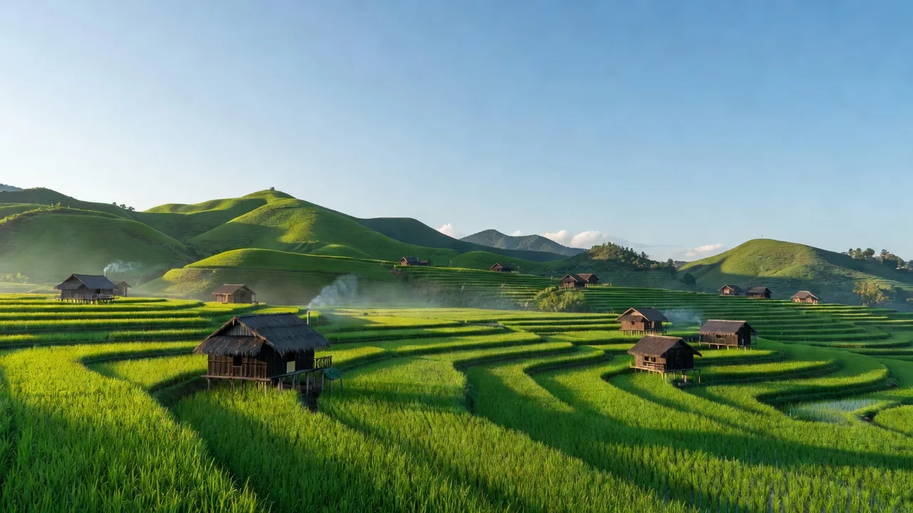 Khung cảnh xã Văn Sơn, Lạc Sơn, Hòa Bình với đồi núi, cánh đồng và nhà truyền thống giữa không gian yên bình.