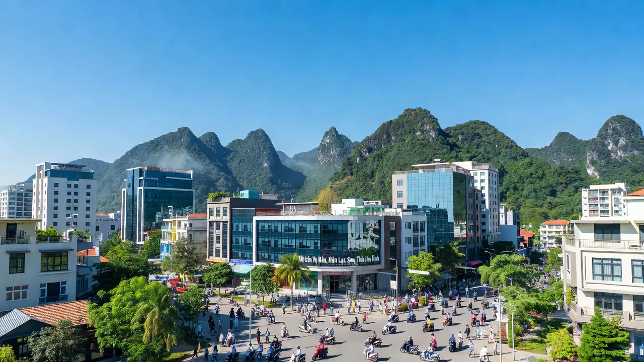 Thị trấn Vụ Bản, Huyện Lạc Sơn, cảnh quan thiên nhiên và sự phát triển đô thị đẹp mắt.