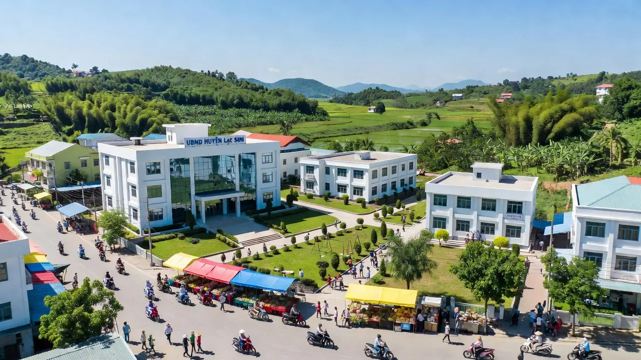 Thị trấn Vụ Bản, Huyện Lạc Sơn, Tỉnh Hòa Bình với cảnh quan xanh mát và hoạt động nhộn nhịp.