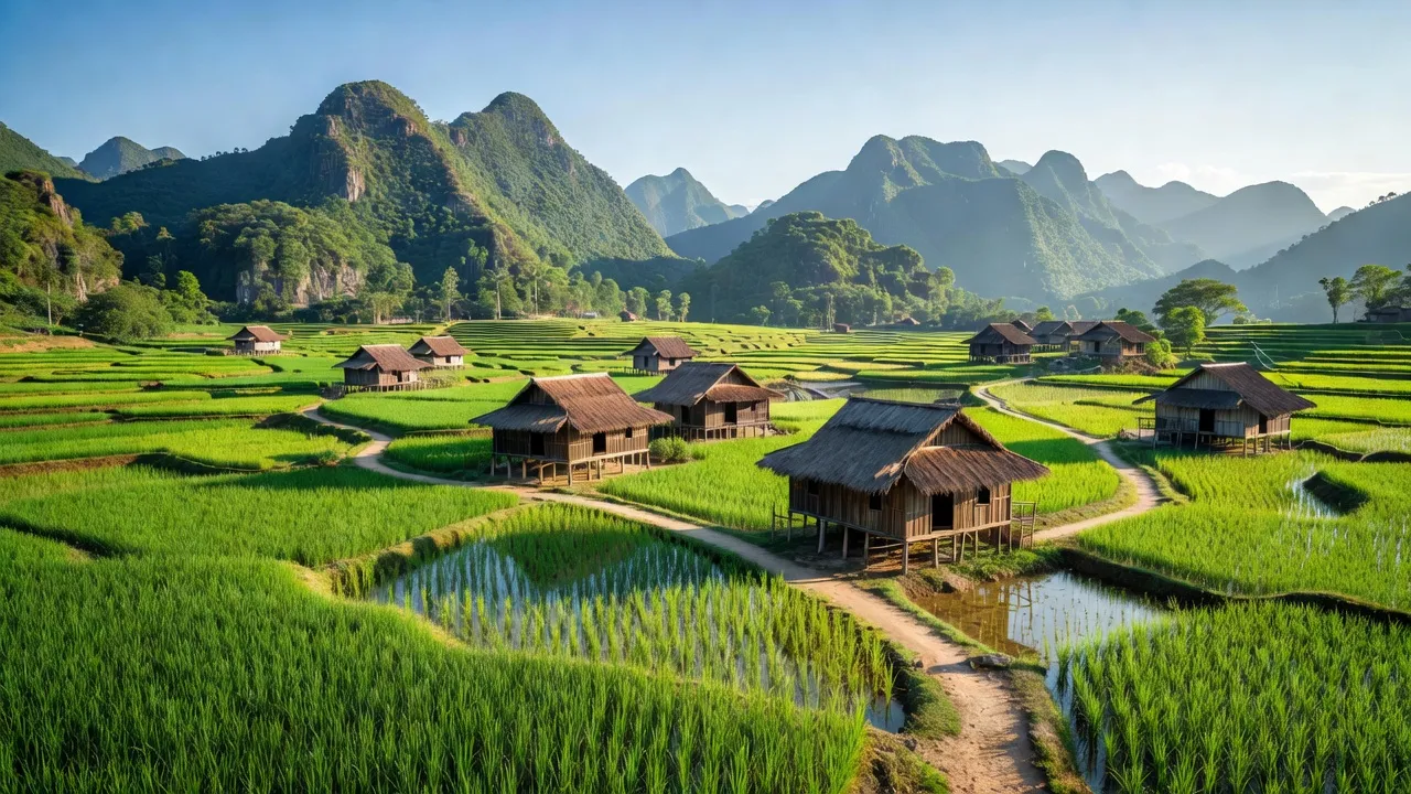 Cảnh đẹp tại xã Vũ Bình, Lạc Sơn, Hòa Bình với đồng ruộng xanh tươi và nhà truyền thống.