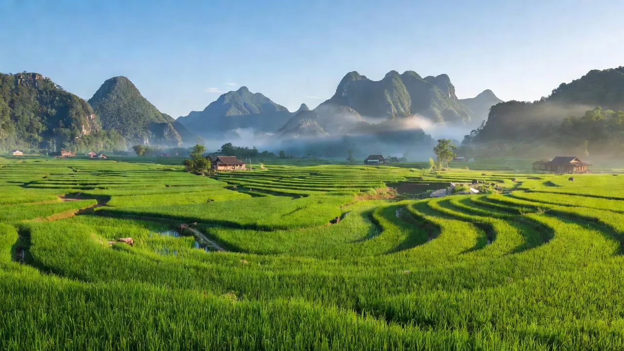 Cảnh quan Xã Vũ Bình, huyện Lạc Sơn, Hòa Bình với đồng cỏ và núi non xanh tươi.