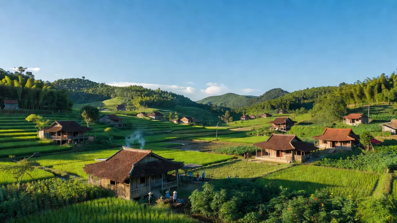 Khung cảnh thanh bình xã Xuất Hóa, huyện Lạc Sơn, tỉnh Hòa Bình với đồi núi và nhà nông truyền thống.