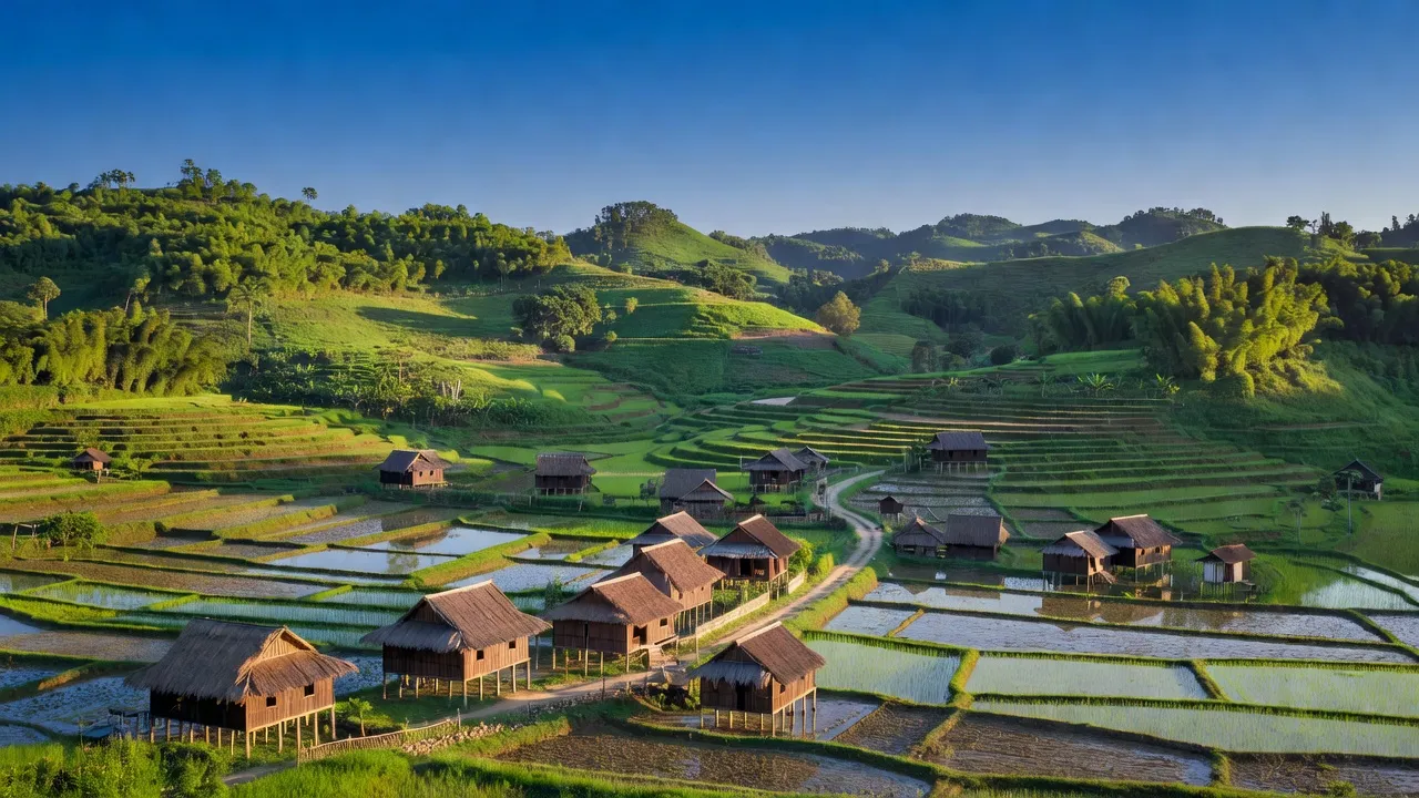 Khung cảnh Xã Xuất Hóa, Lạc Sơn, Hoà Bình với đồi núi xanh mướt và nhà gỗ truyền thống.