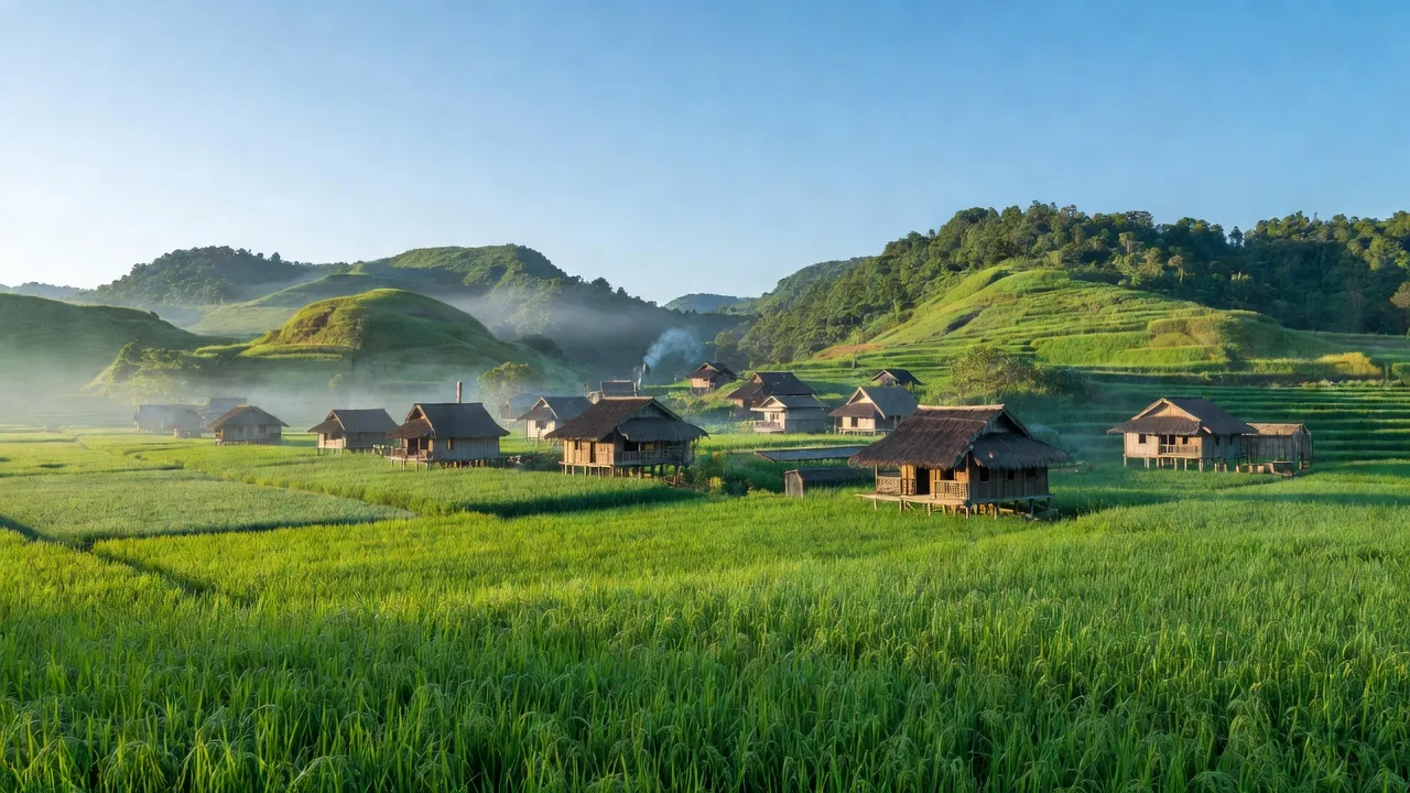 Khung cảnh xanh tươi của xã Yên Nghiệp, huyện Lạc Sơn, tỉnh Hòa Bình với những cánh đồng và nhà truyền thống.