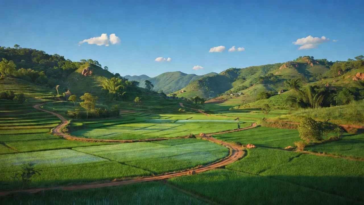 Phong cảnh đẹp ở xã Yên Nghiệp, huyện Lạc Sơn, tỉnh Hòa Bình với cánh đồng và đường nông thôn.