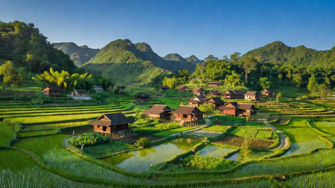 Khung cảnh đẹp Xã Yên Phú, Huyện Lạc Sơn với đồi núi xanh, nhà truyền thống và đồng ruộng.