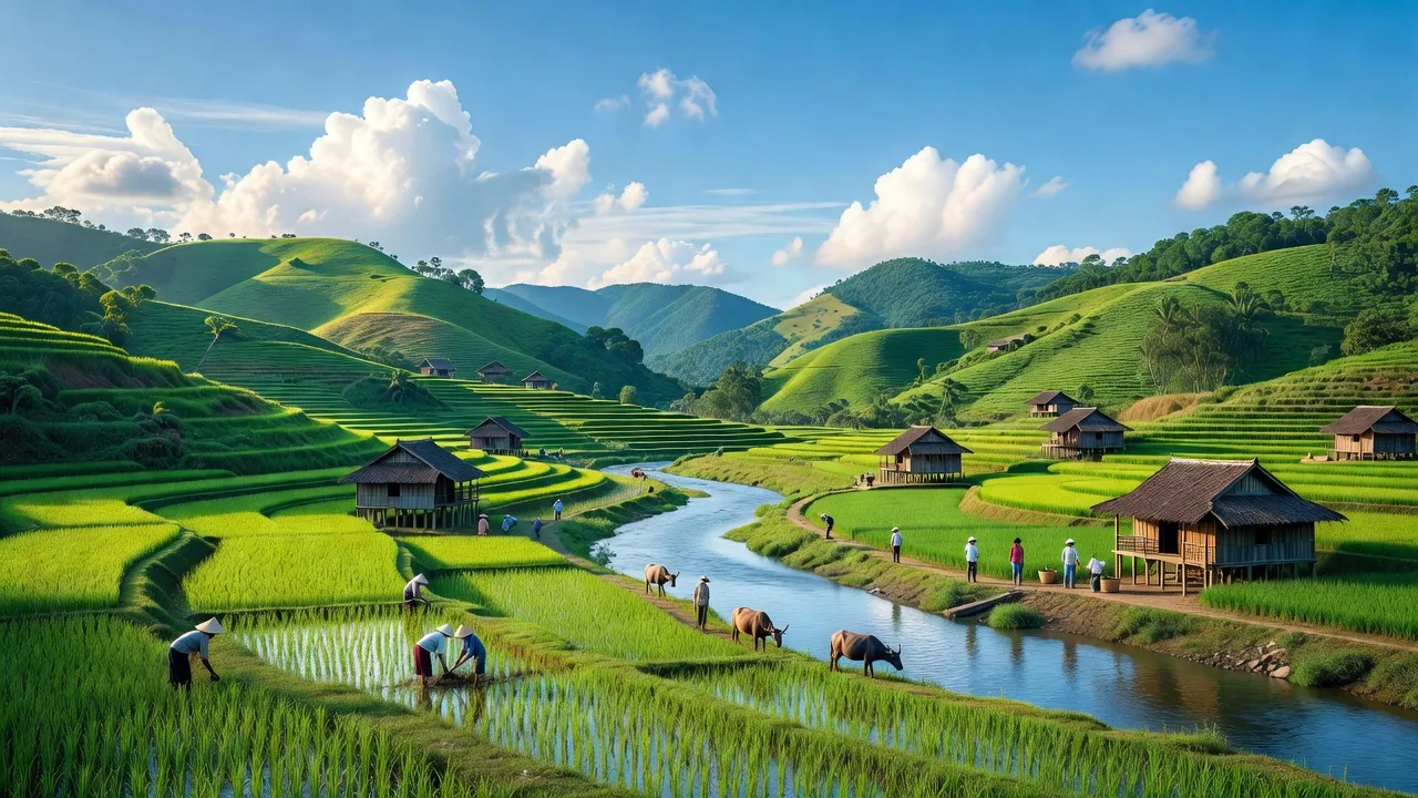 Cảnh đẹp huyện Lạc Thủy, tỉnh Hòa Bình, với cánh đồng xanh và dòng sông yên bình.