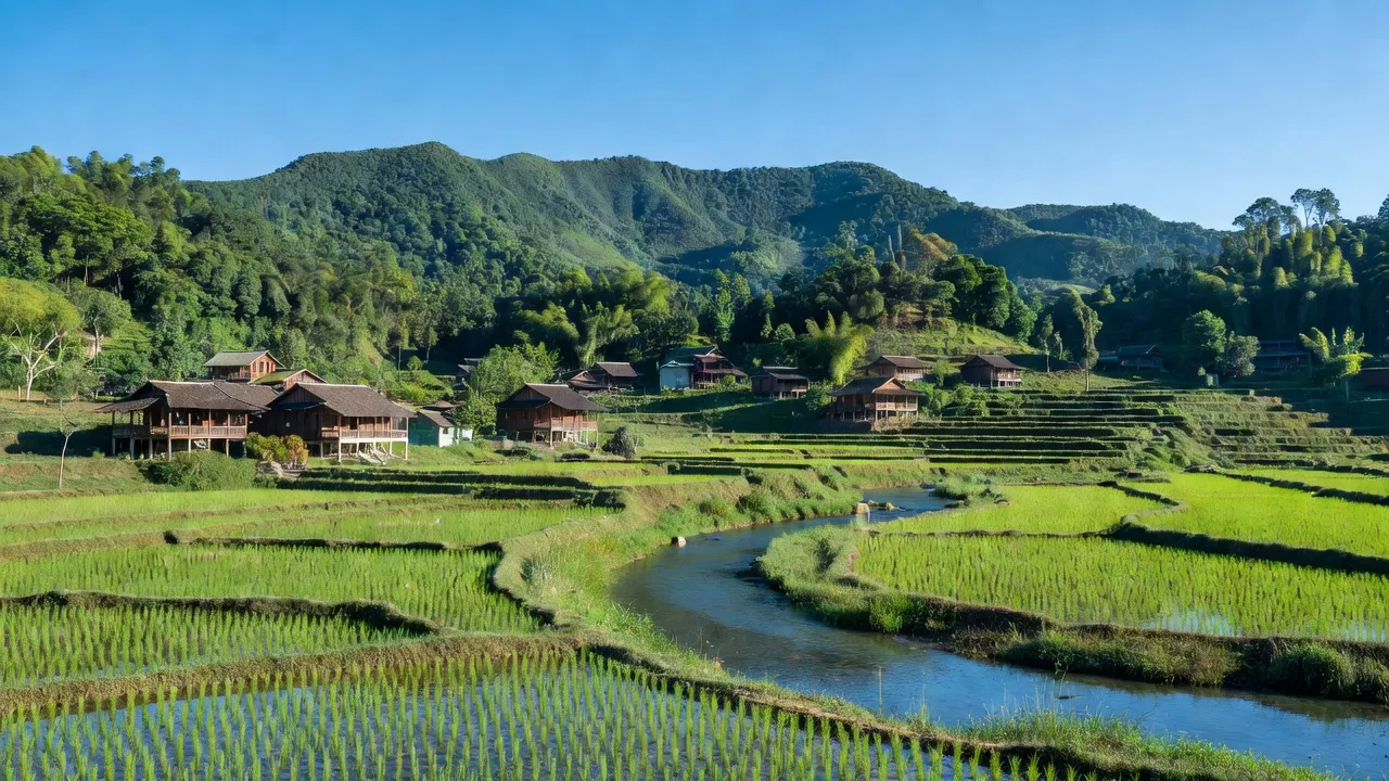 Cảnh đẹp xã An Bình, huyện Lạc Thủy, tỉnh Hòa Bình với nông thôn xanh tươi và dòng sông êm đềm.