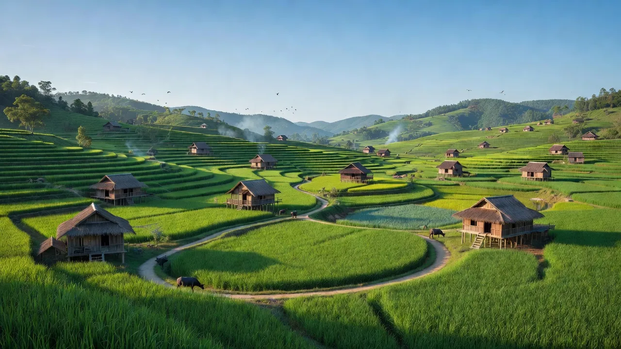 Cảnh sắc vùng quê An Bình, Lạc Thủy, Hòa Bình với đồi núi xanh tươi và nhà truyền thống.