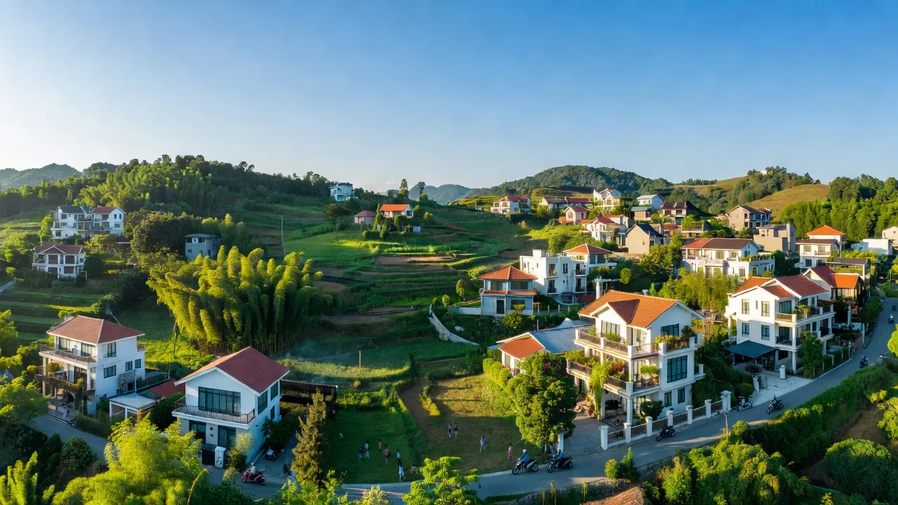 Cảnh quan thị trấn Ba Hàng Đồi, huyện Lạc Thủy, tỉnh Hòa Bình với đồi xanh và nhà cửa.