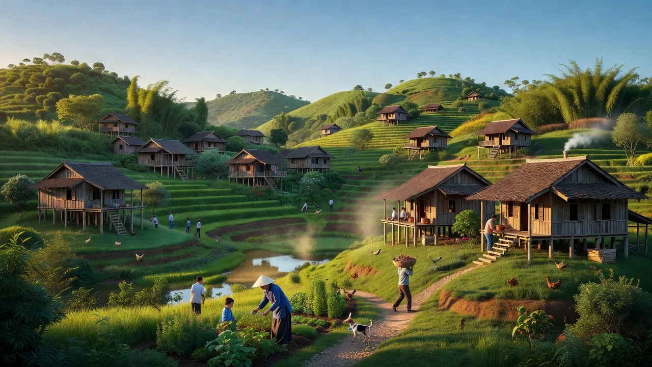 Thị trấn Ba Hàng Đồi, huyện Lạc Thủy, tỉnh Hòa Bình với phong cảnh tươi đẹp và nhà cửa truyền thống.