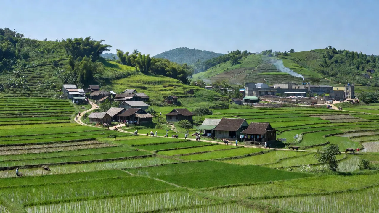 Cảnh sắc xã Đồng Tâm, huyện Lạc Thủy, tỉnh Hòa Bình với đồng xanh và núi non đẹp mắt.