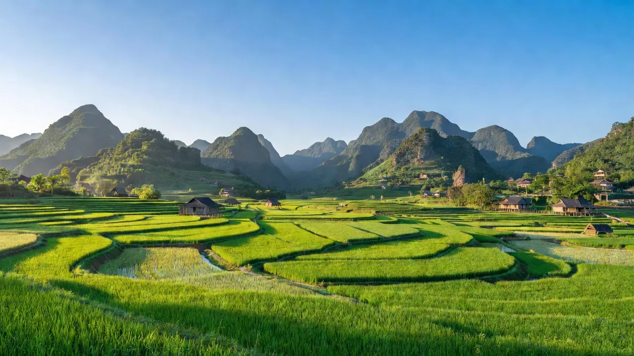 Cảnh đẹp xã Hưng Thi, huyện Lạc Thủy, tỉnh Hòa Bình với cánh đồng xanh và núi non hùng vĩ.