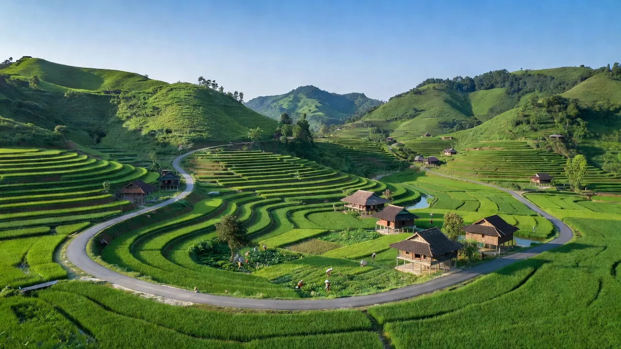 Khung cảnh xã Hưng Thi, huyện Lạc Thủy, tỉnh Hòa Bình với đồi xanh và những ngôi nhà truyền thống.