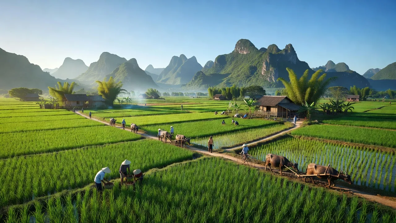 Cảnh đẹp xã Khoan Dụ, huyện Lạc Thủy, tỉnh Hòa Bình với cánh đồng và núi non.