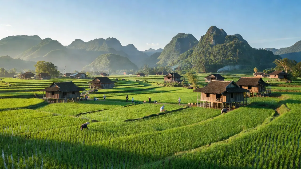 Cảnh đẹp xã Khoan Dụ, huyện Lạc Thủy, tỉnh Hòa Bình với cánh đồng xanh và núi non.