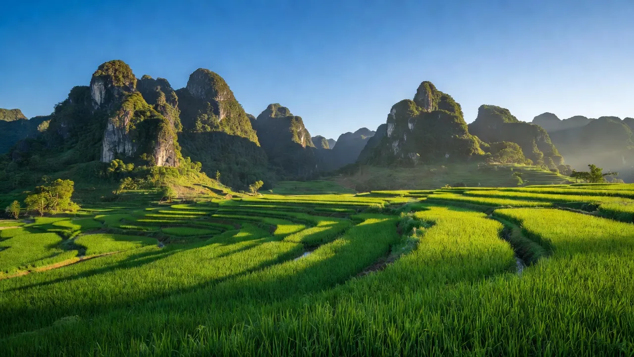 Khung cảnh thiên nhiên tại xã Phú Nghĩa, huyện Lạc Thủy, tỉnh Hòa Bình với cánh đồng và núi.