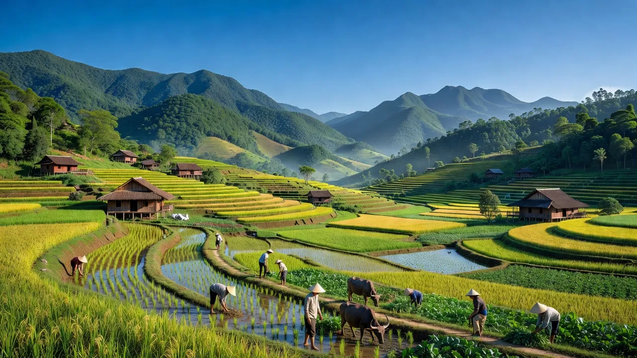 Khung cảnh Phú Thành, Lạc Thủy, Hòa Bình với núi xanh và nông nghiệp phát triển.