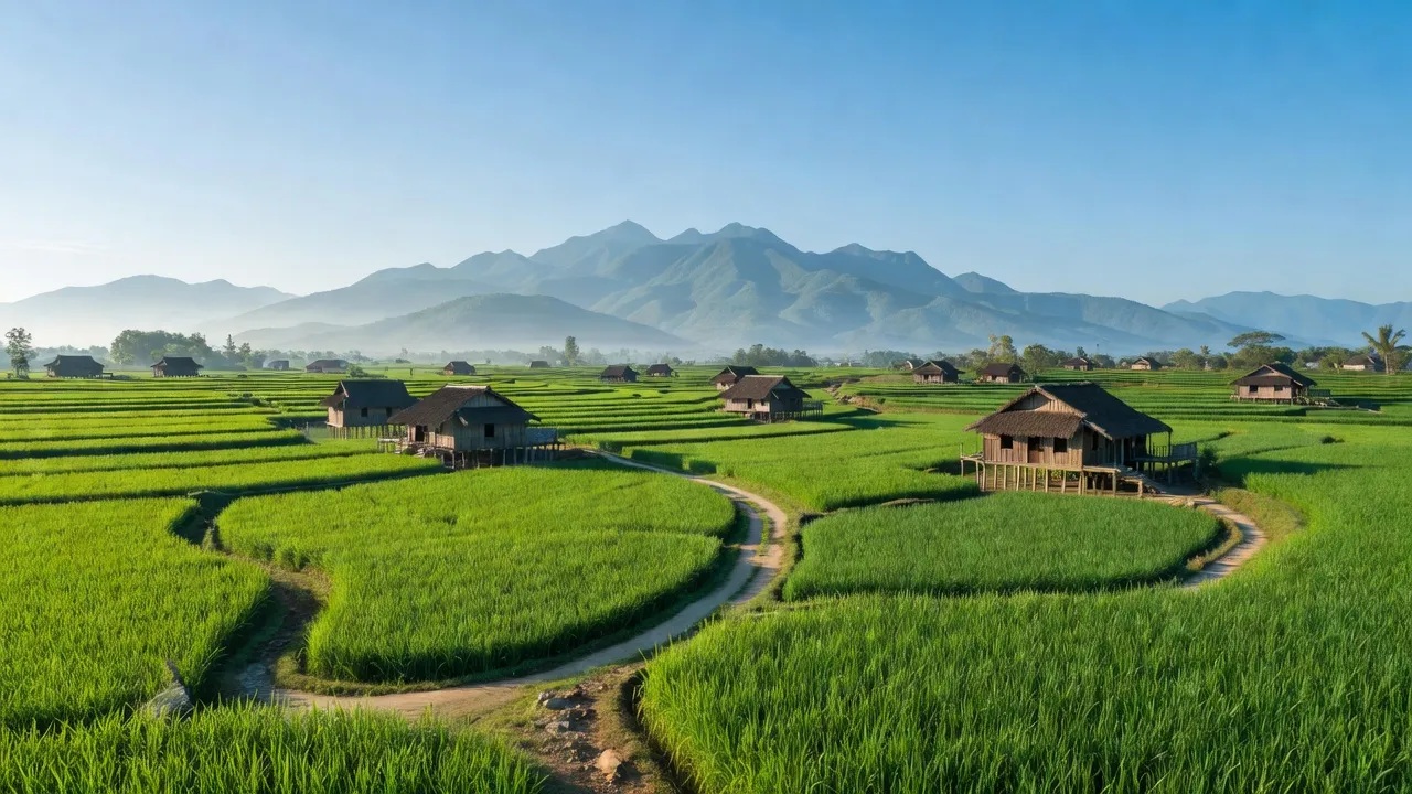 Cảnh quan xã Thống Nhất, huyện Lạc Thủy, tỉnh Hòa Bình với ruộng bậc thang và nhà sàn truyền thống.