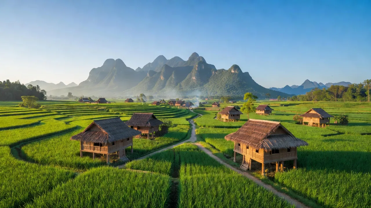 Phong cảnh nông thôn xã Thống Nhất, huyện Lạc Thủy, tỉnh Hòa Bình, với nhà Mường và cánh đồng xanh.