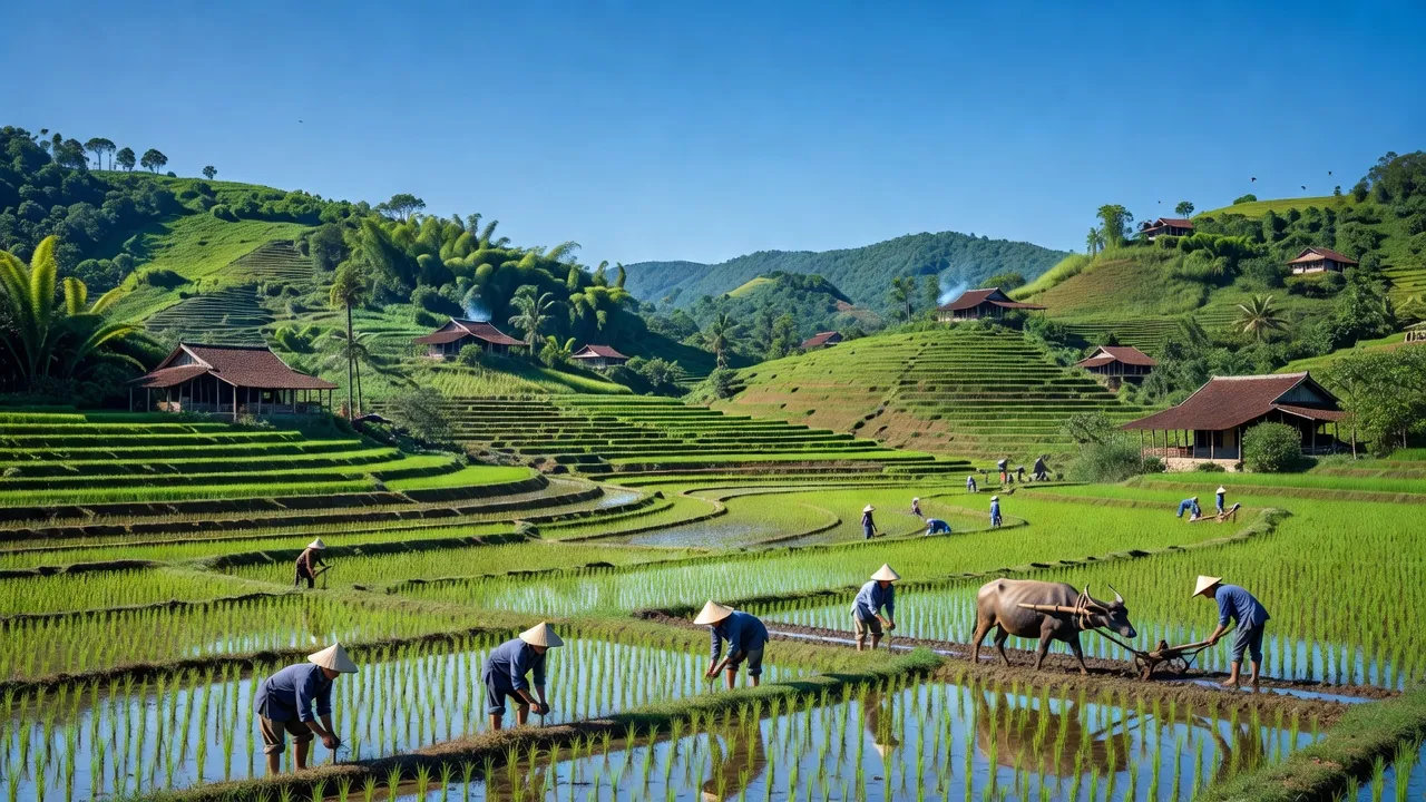 Khung cảnh bình yên ở xã Yên Bồng, huyện Lạc Thủy, tỉnh Hòa Bình với ruộng bậc thang xanh tươi.