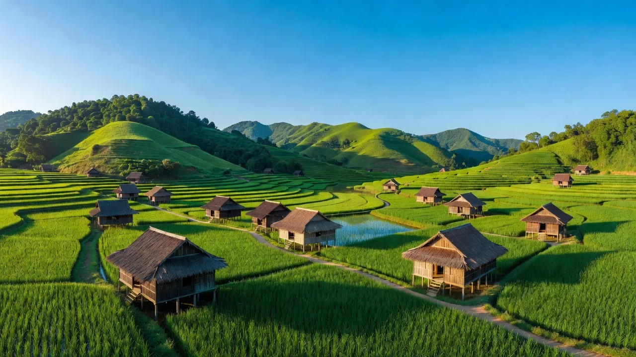 Cảnh đẹp huyện Lương Sơn, tỉnh Hòa Bình với cánh đồng xanh và nhà truyền thống, vị trí thuận lợi.