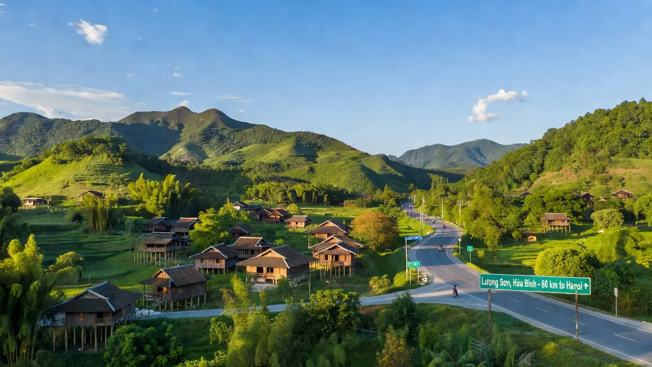 Khung cảnh huyện Lương Sơn, tỉnh Hòa Bình với núi xanh, nhà truyền thống, và những con đường nối với Hà Nội.