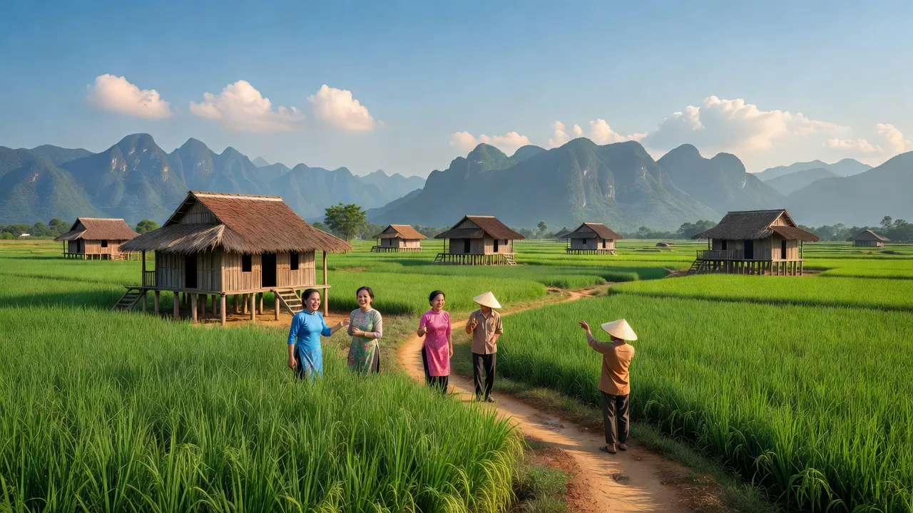 Cảnh đẹp xã Cao Dương, huyện Lương Sơn, tỉnh Hoà Bình với nhà truyền thống và thiên nhiên xanh tươi.