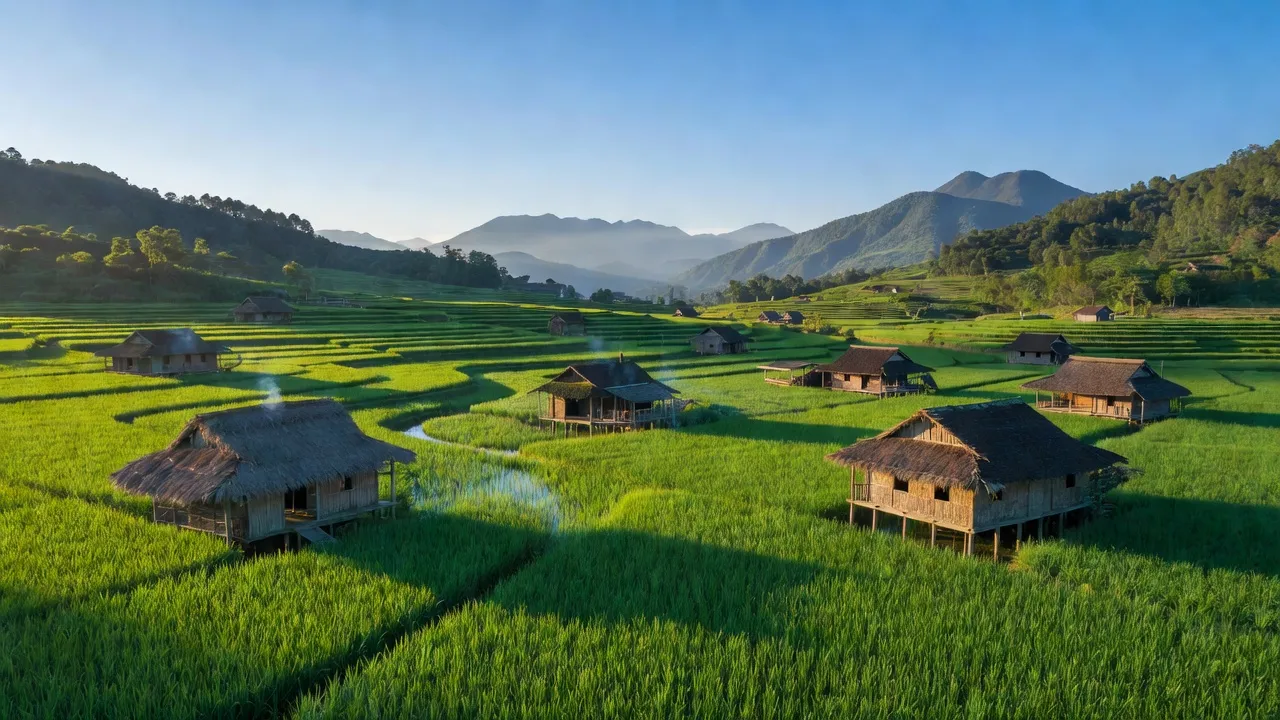 Khung cảnh xã Cao Dương, huyện Lương Sơn, tỉnh Hòa Bình với đồng lúa xanh tươi và núi non hùng vĩ.