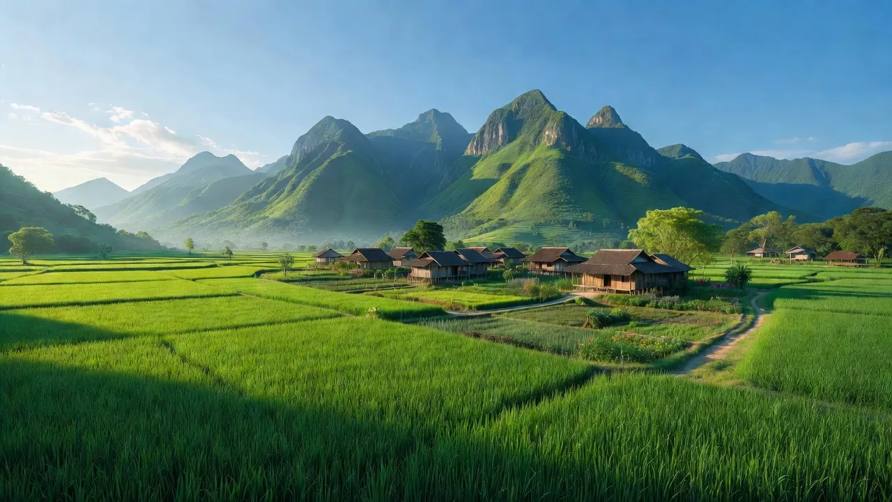Cảnh sắc Xã Cao Sơn, Huyện Lương Sơn, tỉnh Hòa Bình với cánh đồng xanh và núi non.