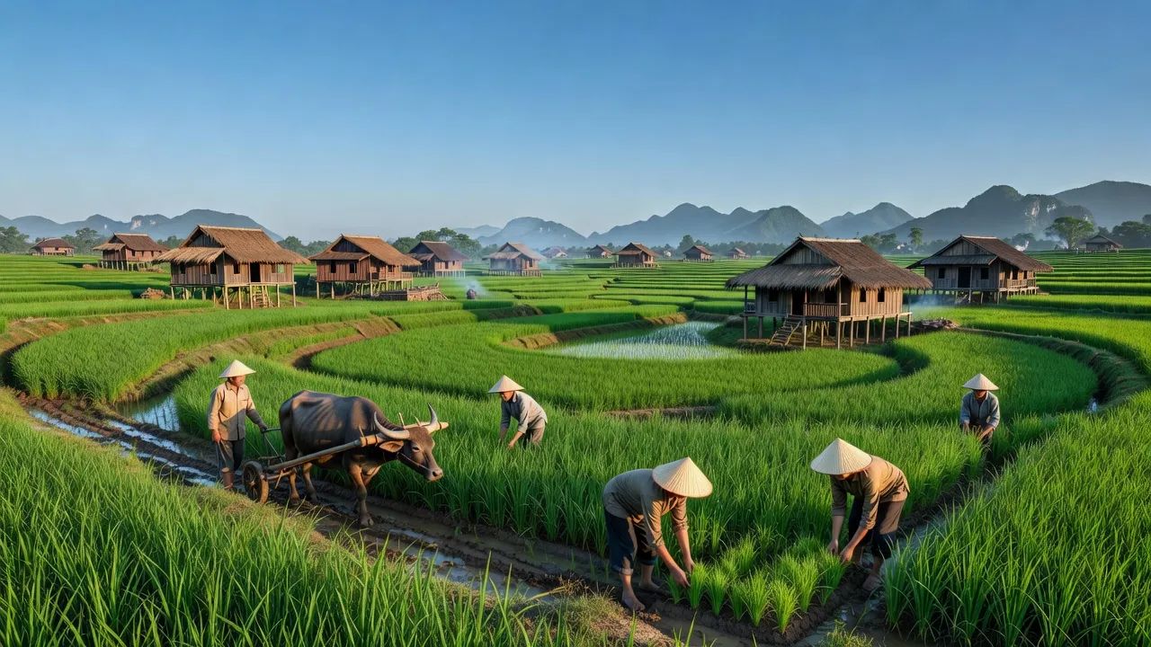 Cảnh đồng xanh và nhà truyền thống xã Cư Yên, huyện Lương Sơn, tỉnh Hòa Bình, nông thôn Việt Nam.