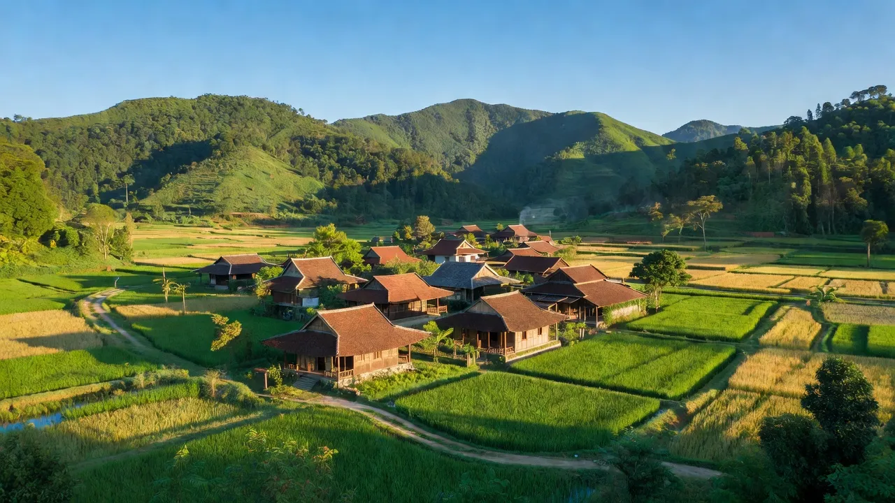 Khung cảnh Xã Lâm Sơn, Huyện Lương Sơn, tỉnh Hòa Bình với núi và nhà truyền thống.