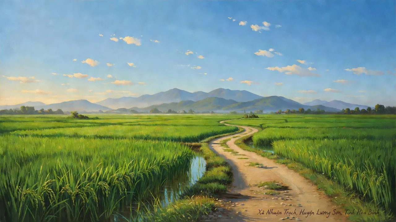 Cánh đồng xanh ở xã Nhuận Trạch, Lương Sơn, Hòa Bình với núi và bầu trời trong vắt.