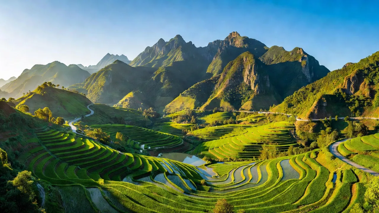 Khung cảnh đẹp của xã Tân Vinh, huyện Lương Sơn, tỉnh Hòa Bình, với núi và ruộng bậc thang.