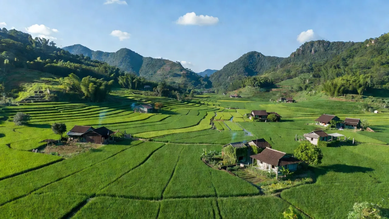 Cảnh đẹp xã Thanh Cao, huyện Lương Sơn, tỉnh Hòa Bình với cánh đồng xanh, nhà nông thôn.