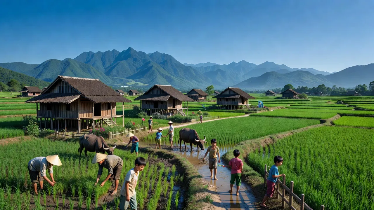 Phong cảnh xã Thanh Cao, huyện Lương Sơn, tỉnh Hòa Bình với cánh đồng xanh và nhà truyền thống.