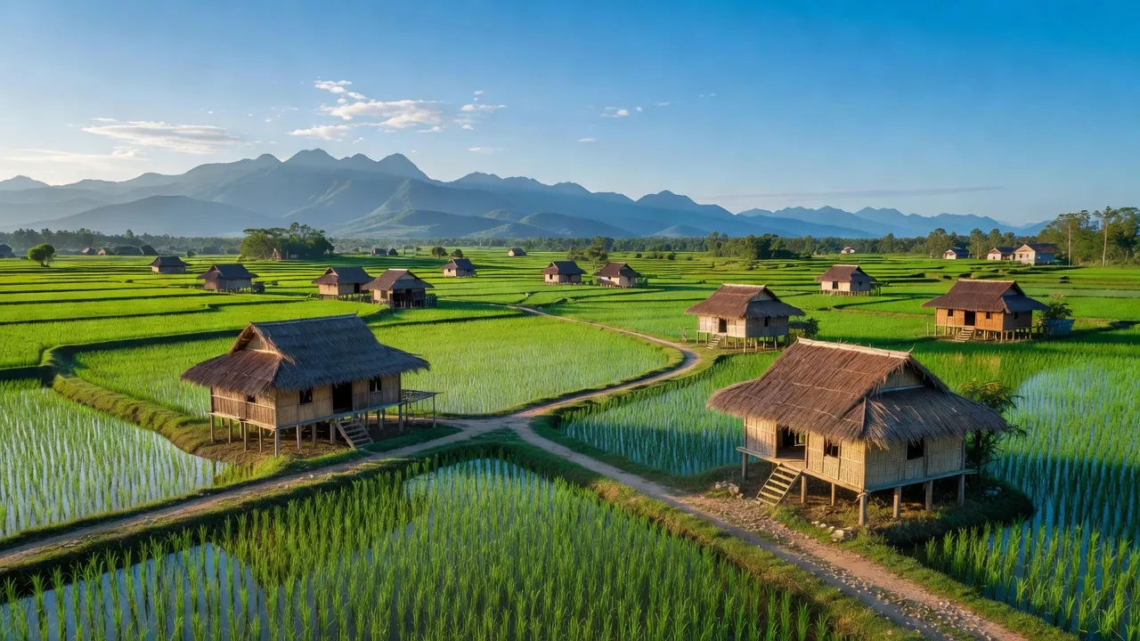 Cảnh Quan Yên Bình Xã Thanh Sơn huyện Lương Sơn tỉnh Hòa Bình với đồng ruộng xanh và núi xa.