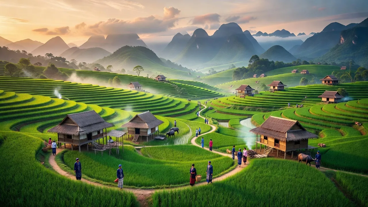 Khung cảnh tuyệt đẹp của huyện Mai Châu, tỉnh Hòa Bình với núi non và thung lũng xanh tươi.