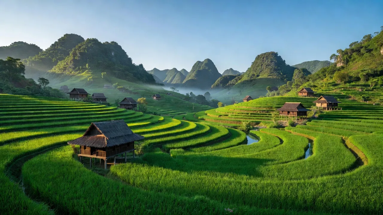 Khung cảnh bình yên ở xã Bao La, huyện Mai Châu với ruộng bậc thang và núi đồi, Hòa Bình.