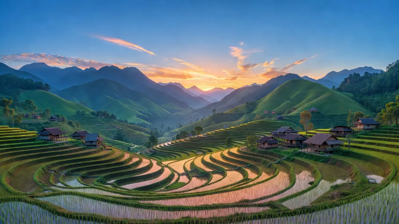 Cảnh quan xã Cun Pheo, huyện Mai Châu, tỉnh Hòa Bình với núi non, ruộng bậc thang, và ánh hoàng hôn.