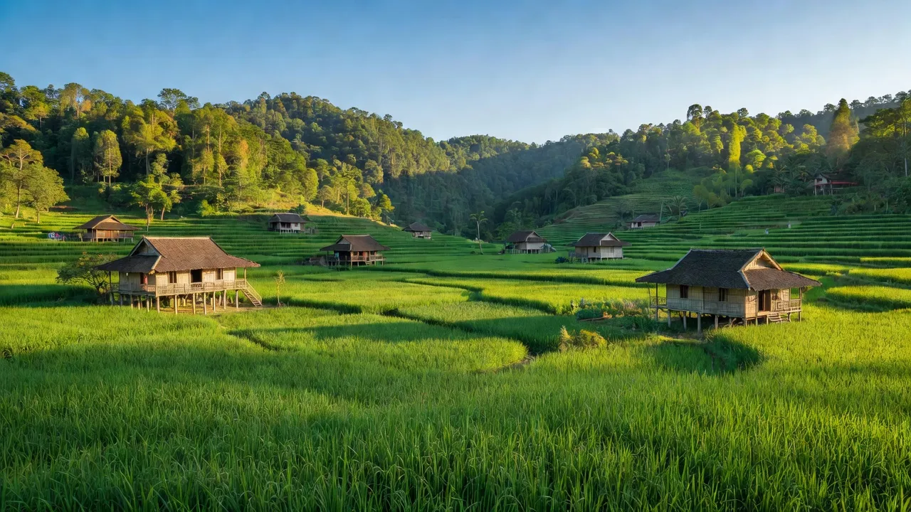Cảnh xã Đồng Tân, huyện Mai Châu với cánh đồng xanh, đồi núi và nhà truyền thống.