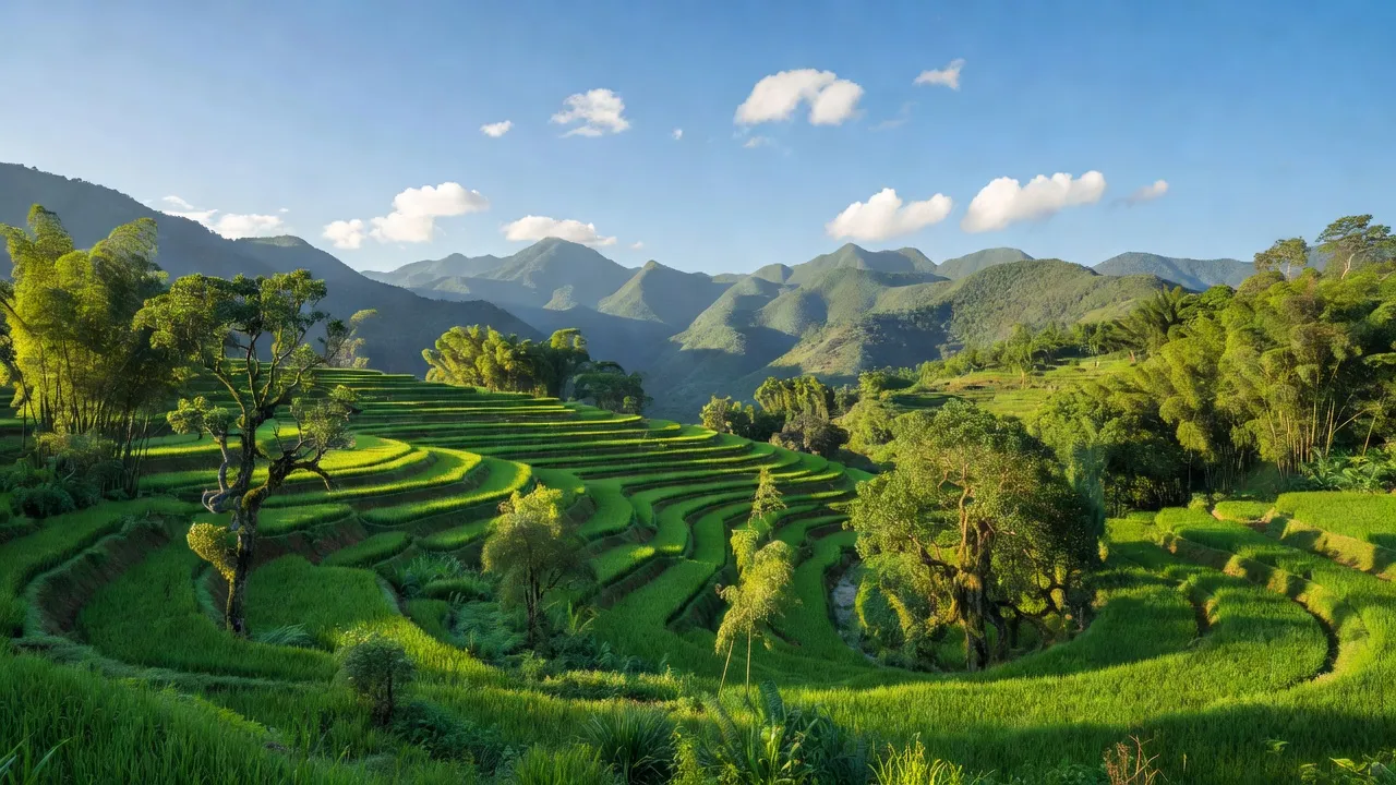 Quang cảnh ruộng bậc thang và núi non xanh tươi ở Đồng Tân, Mai Châu, Hòa Bình.