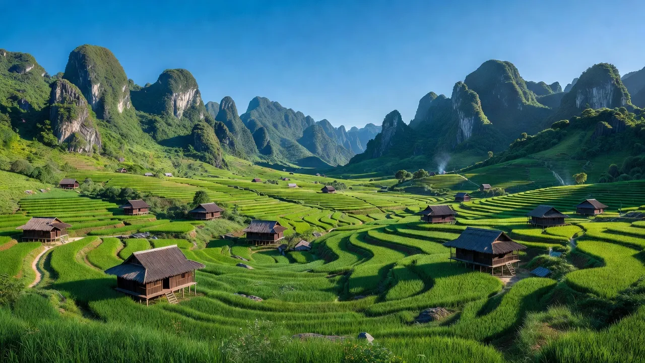 Cảnh đẹp xã Hang Kia, huyện Mai Châu, tỉnh Hòa Bình với núi đá và bầu trời trong xanh.