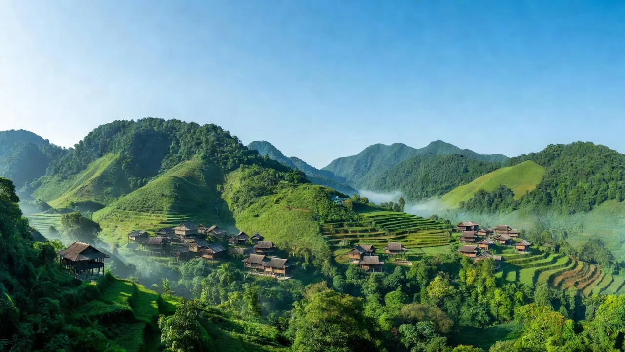 Quang cảnh xã Hang Kia, huyện Mai Châu, mát mẻ với núi đá và nhà sàn truyền thống.