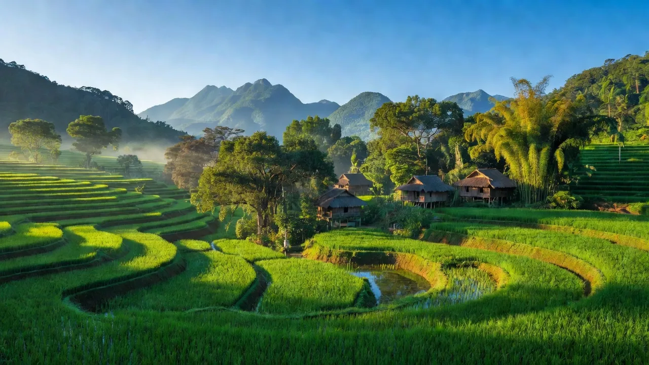 Khung cảnh thiên nhiên tươi đẹp tại xã Mai Hạ, huyện Mai Châu, tỉnh Hòa Bình, với nhiều cây cối.