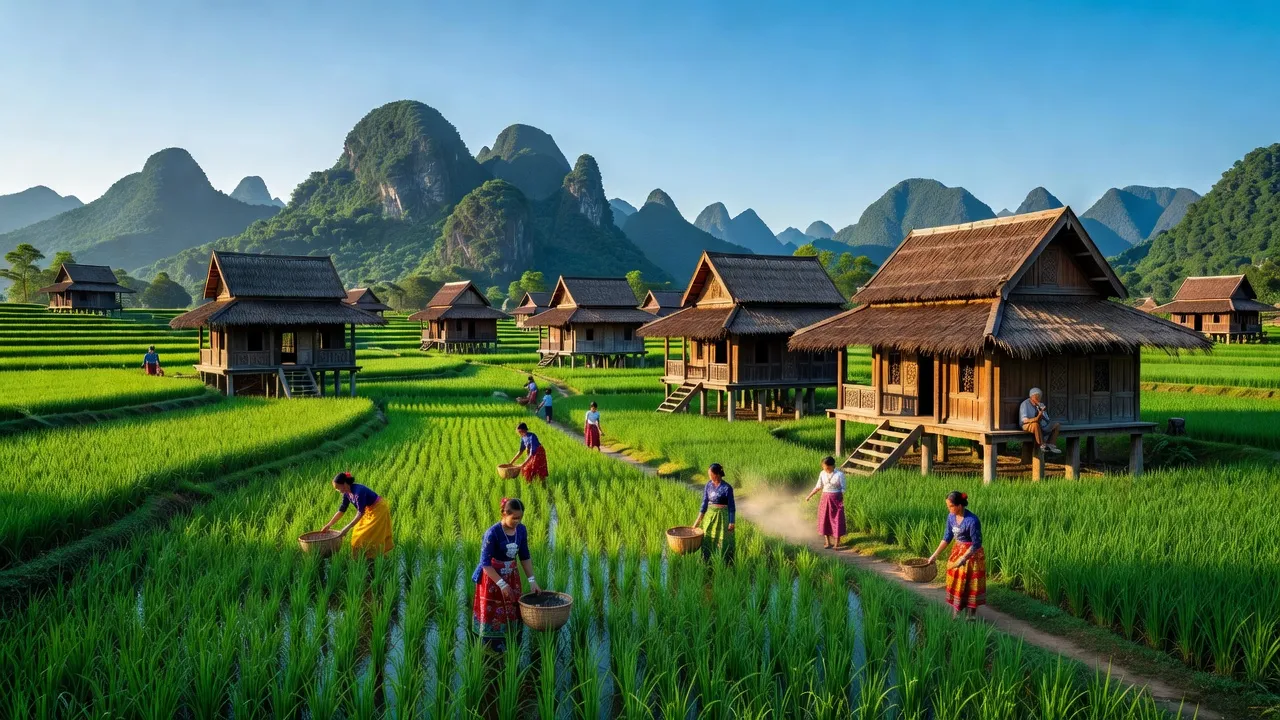 Cảnh đẹp xã Mai Hịch, huyện Mai Châu, Hòa Bình với nhà sàn và ruộng bậc thang.